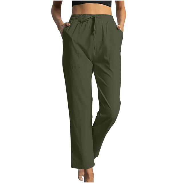VEKDONE Womens Drawstring Cotton Linen Pants Casual Elastic High Waisted Straight Trousers with Pockets Solid Color Lounge Long Pants Green M