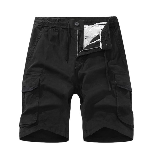 Men Casual Solid Zipper Button Pockets Elastic Waist Cropped Cargo Shorts(Black,3XL)