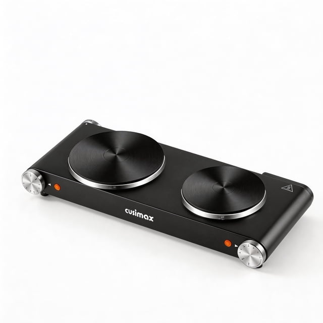 CUSIMAX Plaque Chauffante Électrique Portable, Surface de Cuisson en Fonte pour Comptoir, Compatible avec Toutes les Batteries de Cuisine, Version Améliorée pour un Chauffage Rapide et Uniforme