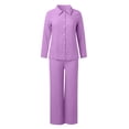 thumbnail image 4 of GDREDA Womens Cotton Linen Set 2 Piece Outfits Summer Button Down Shirt Wide Leg Pants Matching Sets Purple,XXL, 4 of 5