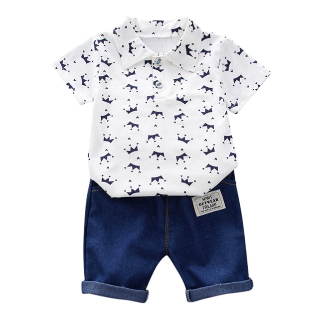 XZNGL Toddler Kids Baby Boy Short Sleeve Crown Pattern Shirt Tops+ Denim Pants Set