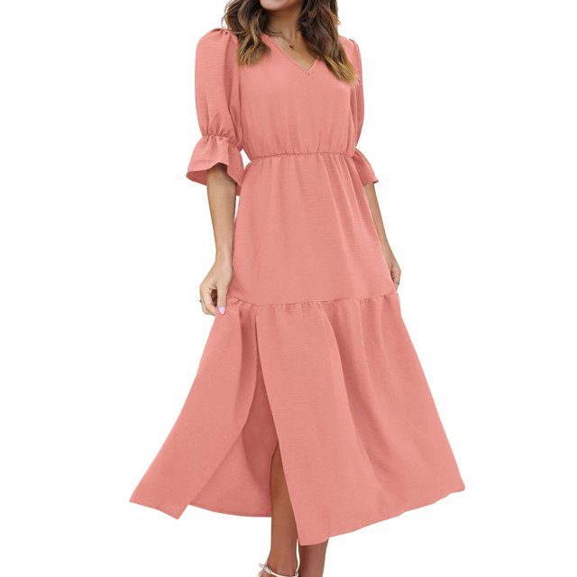 Robe Maxi pour Femmes Mode Manches Mi-Longues Col en V Ample Robe Unie à la Cheville Robe Longue Fendue Robe à Manches Courtes en Liquidation