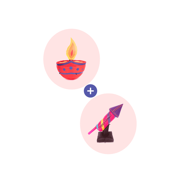 4FT Diya + Firework Diwali Outdoor Inflatable Bundle featuring a vibrant red diya with a yellow flame and a colourful firework rocket with 'Happy Diwali!' text. Both inflatables stand approximately 4 feet tall, light up with LED lights, and self-inflate in under a minute. Ideal for festive outdoor decorations.