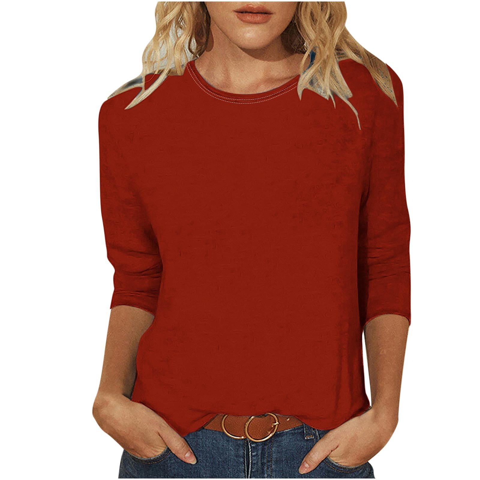 Timegard Womens Tops Summer Crewneck 3/4 Sleeve Comfy Solid Color Basic Tshirts Casual Loose Tops Blouses