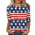 thumbnail image 1 of Chandails à Manches 3/4 pour Femmes, Imprimé Drapeau Américain, Blouses à Col Rond, Tunique Confortable, Chandail Patriotique avec Étoiles et Rayures, 1 of 5