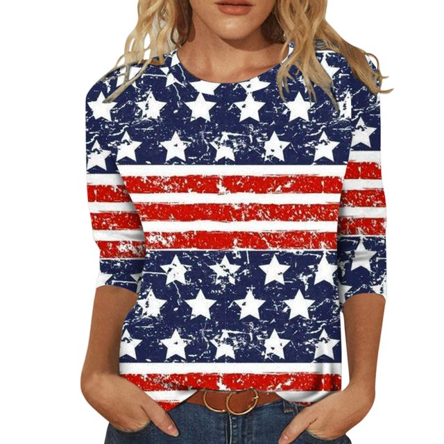Chandails à Manches 3/4 pour Femmes, Imprimé Drapeau Américain, Blouses à Col Rond, Tunique Confortable, Chandail Patriotique avec Étoiles et Rayures