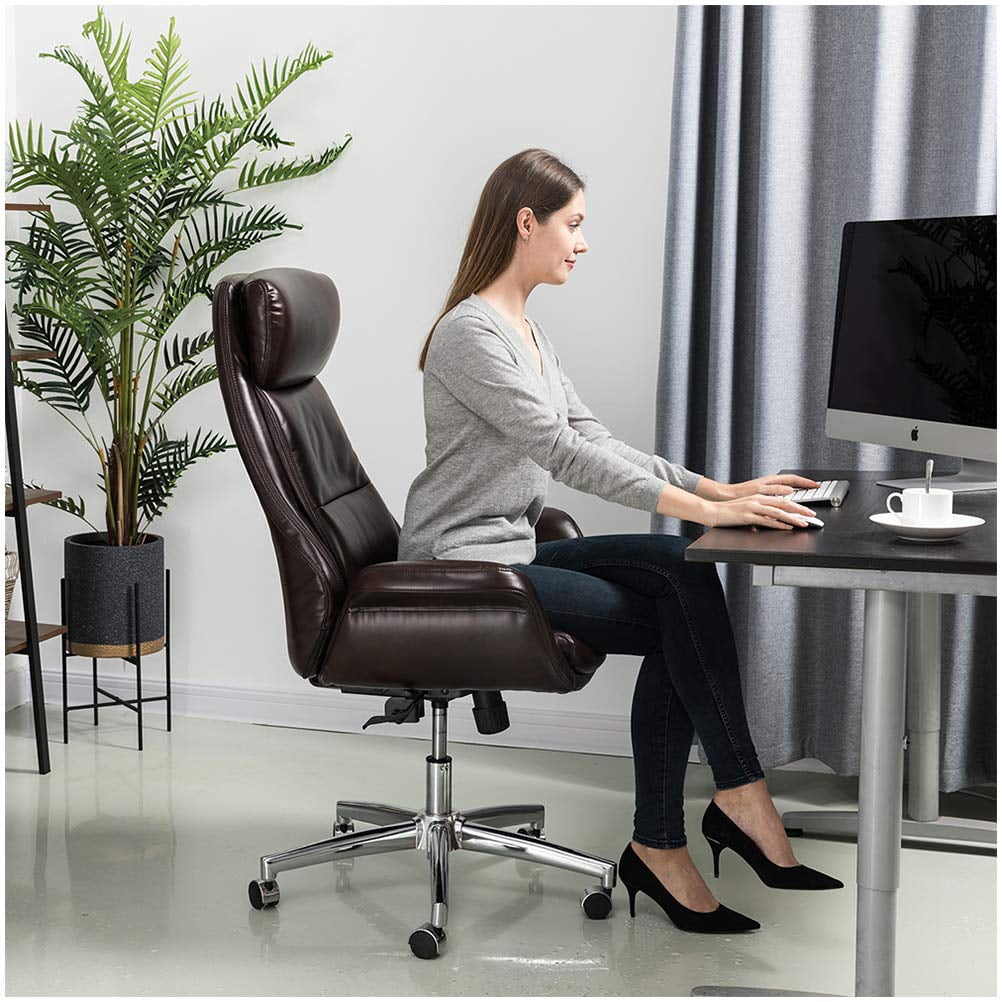 Glitzhome Modern Office Computer Desk Chair, Home Executive High-Back Office Chair PU Leather Adjustable Upholstered Swivel Task Chair with Armrest(Brown)