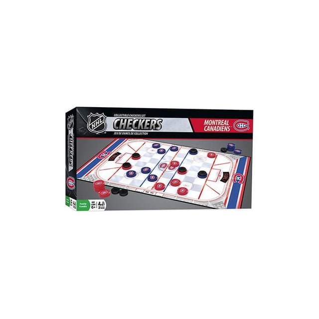 Masterpieces Puzzle Company NHL Montreal Canadiens Collectible Checkers Set centered, front-facing 13" x 21.375" game board bearing the Canadiens logo, 24 round checker pieces and 8 helmet-style king pieces styled as hockey pucks, two sticker sheets and instruction sheet on a neutral surface; fan collectible tabletop checkers for game nights and often used as display décor in a sports room.