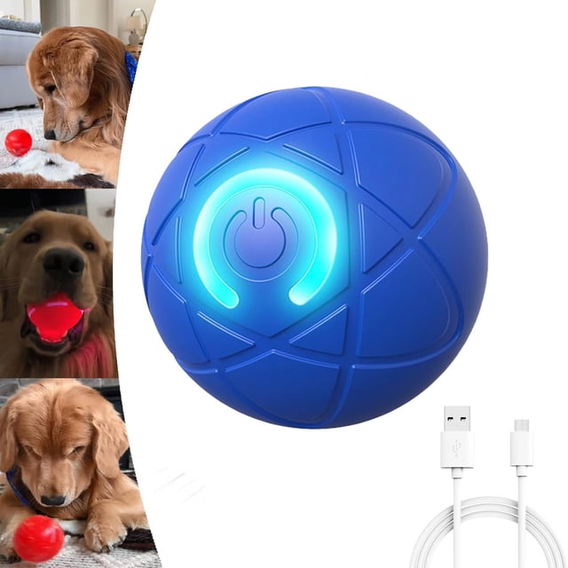 SIfdSeng Shaky Toy for Dogs, a USB rechargeable interactive dog toy designed for small, medium, and large dogs. The image shows a blue spherical toy with a glowing power symbol, featuring a textured surface for grip. The toy is displayed alongside a USB charging cable and images of dogs engaging with the toy. Ideal for aggressive chewers, teething puppies, and interactive play to relieve boredom and anxiety.