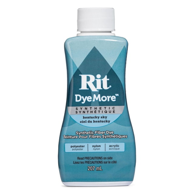 Rit DyeMore Teinture Liquide pour Fibres Synthétiques, Bouteille de 207 ml en Bleu Ciel Kentucky, Conçue pour les Tissus en polyester, nylon et Acrylique, avec un Contenant en Plastique Bleu Courbé avec un Bouchon à Vis Blanc et un Étiquetage Bilingue Anglais-Français, Convient à l'Artisanat des Tissus et à la Teinture de Fibres Synthétiques.