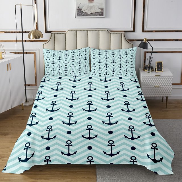 Erosebridal Nautical Anchor Print Coverlet Set King, Blue Geometric Wave Stripes Bedding Set 3-Piece