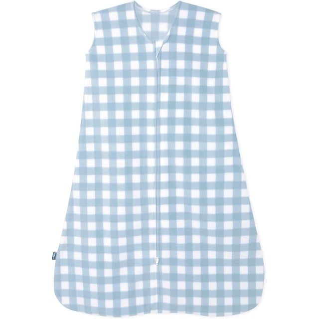 HALO Sleepsack micro-fleece wearable blanket in gingham blue with sleeveless design and front zipper opening from the bottom for easy diaper changes, TOG 1.0 rating for moderate climates, approved for hip-healthy baby sleep.