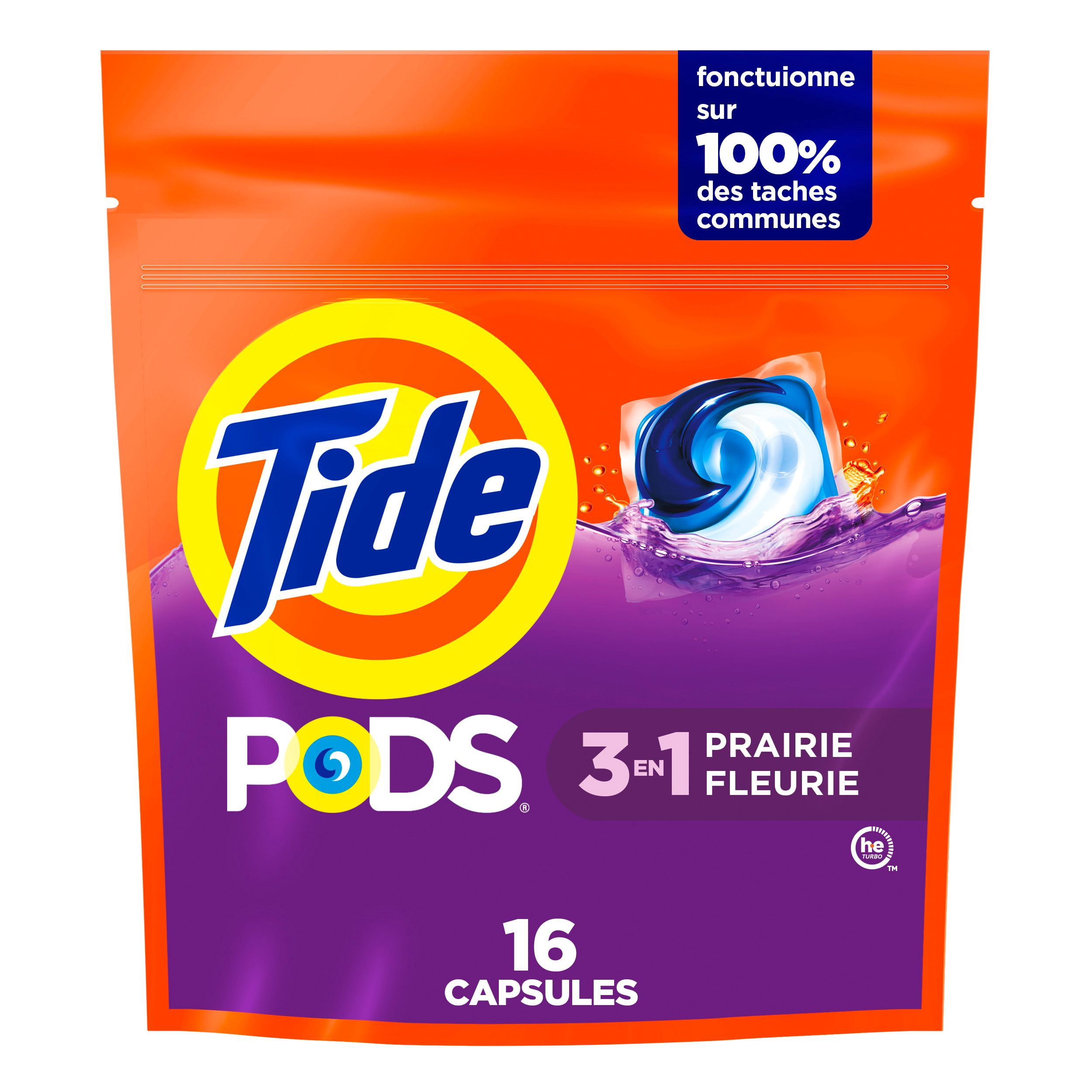 Tide Capsules de Détergent à Lessive, Parfum Prairie Fleurie, 3 en 1 Détachant, Éliminateur d'Odeurs, Protecteur des Couleurs, Capsules de Savon à Lessive Concentré, 16 Unités