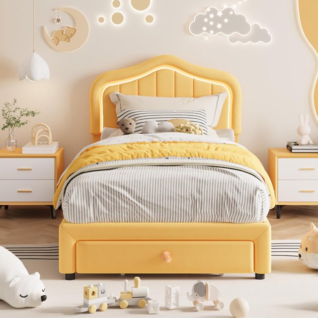 Twin Berber Fleece Upholstered Platform Bed Frame with Storage Drawer and Smart LED Headboard No Box Spring Needed for Kids Yellow