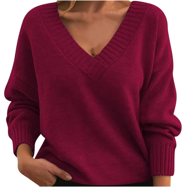 Timegard Hauts pour Femmes Col en V Profond Manches Longues Ample Confortable Chandail à Enfiler Automne Hiver Décontracté Hauts Chandail