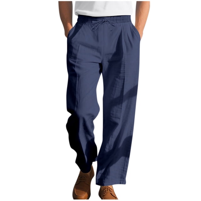 cfhntfmh Mens Lined Pants Stretch Dress Pants Solid Color Comfy Trousers Drawstring Lightweight Work Slacks with Pockets(Navy,Medium)