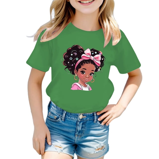 PMVFHDE Hauts d'Été pour Filles Hauts pour Fille Hauts d'Été pour Fille T-Shirts d'Été Tendance pour Fille T-Shirts Graphiques pour Filles T-Shirts Graphiques pour Enfant T-Shirt Graphique à Col Rond à Manches Courtes pour Fille T-Shirt d'Été Vert, 7-8 Ans