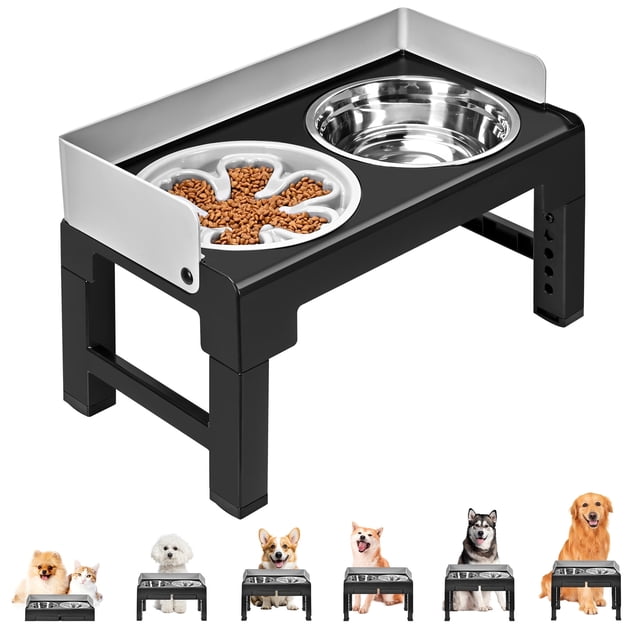 Elevated Dog Bowls with 6 adjustable heights, featuring a black and grey stand with two removable stainless steel bowls. Includes a flower-shaped slow-feed bowl, splash guard, and ergonomic feeding posture adjustment. Suitable for small, medium, and large dogs.