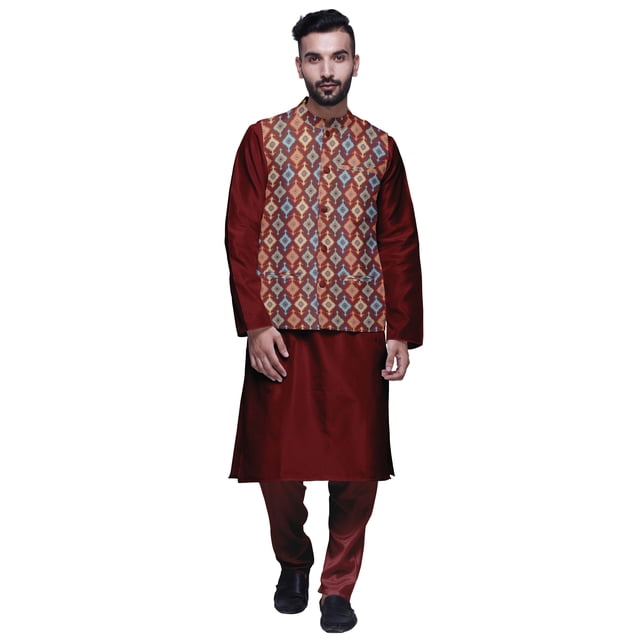 Atasi Kurta Pyjama Traditionnel Uni à Col Mandarin avec Ensemble de Veste Imprimée