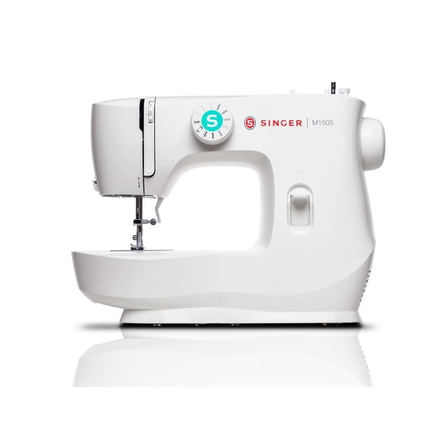 SINGER® M1500 Mechanical Sewing Machine in white with a compact curved design, featuring a stitch selection dial with an S logo, front load bobbin, and lever on the right side, offering 59 stitch applications and 4-step buttonholes, shown in a centered side profile on a reflective surface.