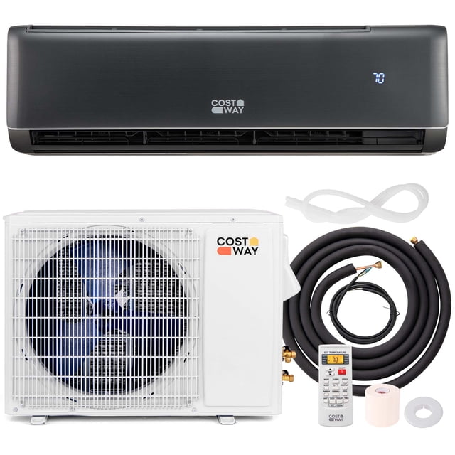 Costway 12000 BTU Mini Split Air Conditioner & Heater with Heat Pump, featuring a gray indoor unit and a white outdoor unit. Includes a 13 ft copper connection pipe, 8 ft power line, 15 ft communication wire, remote control, and installation kit. Suitable for cooling and heating areas up to 750 sq. ft, it operates quietly at 23 dB and uses advanced inverter technology for energy efficiency. Certified by ETL, AHRI, and ENERGY STAR, it utilizes eco-friendly R32 refrigerant and offers self-cleaning for easy upkeep.