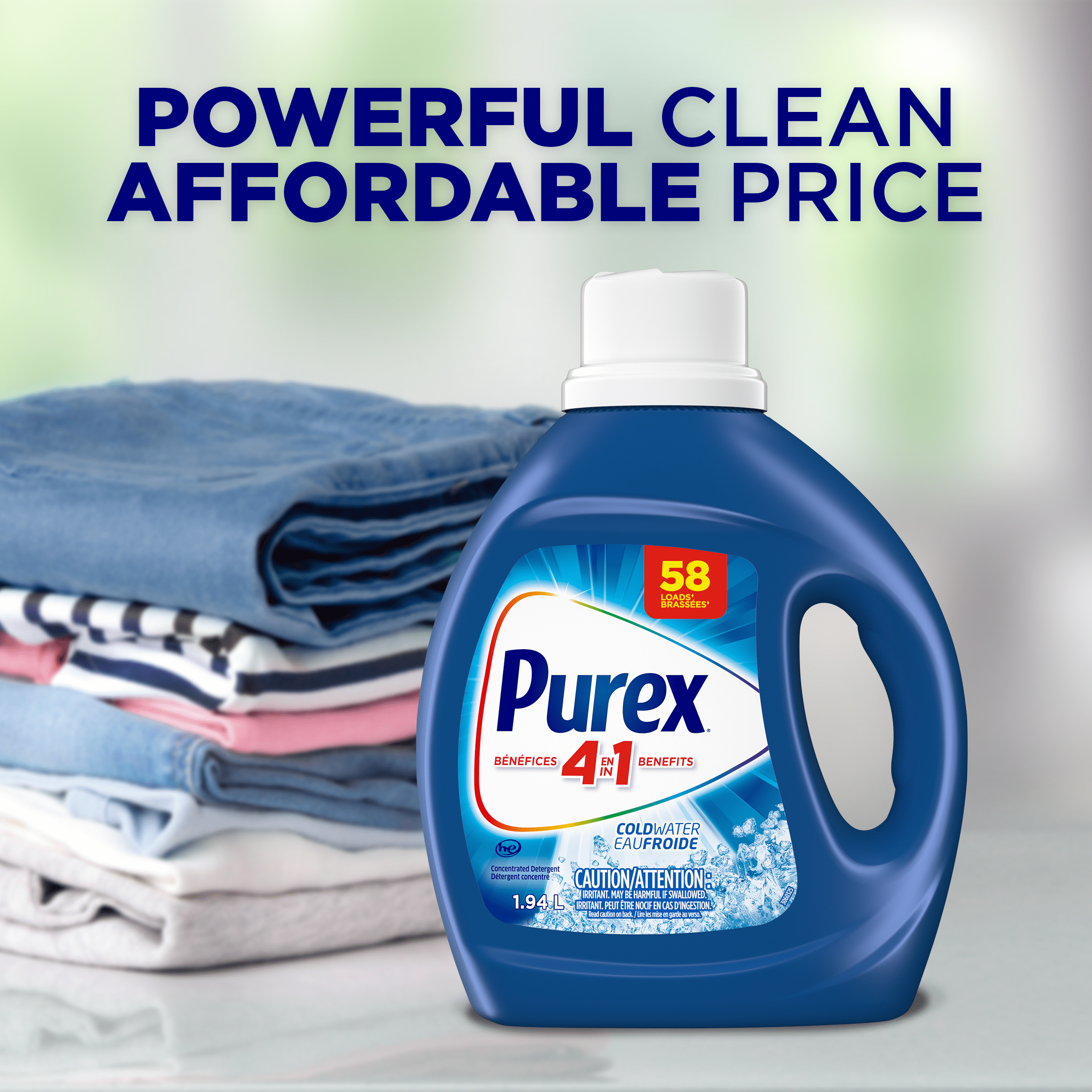 Détergent à lessive liquide concentré avec bénéfices 4-en-1, Purex Eau froide, puissant contre les taches, ravive et blanchit les vêtements, 1,94 L, 58 brassées, compatible avec les laveuses HE