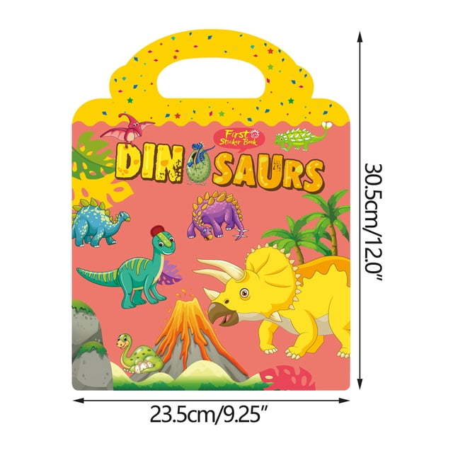 Lolmot Children's Stickers Activity Book with a dinosaur-themed cover, measuring 30.5 cm (12 inches) in height and 23.5 cm (9.25 inches) in width. The book includes reusable PVC stickers that are easy to remove, leave no residue, and can be used on smooth surfaces like windows, mirrors, or even as face stickers. Designed for kids aged 3 and above, this educational toy helps children learn about animals, spaces, and vehicles while encouraging DIY creativity and parent-child interaction.