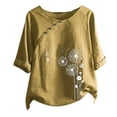 thumbnail image 3 of Chemises en Lin Grande Taille pour Femmes, Hauts d'Été Décontractés Oversize T-Shirt Graphique Pissenlit Manches Roulées Blouse Boutonnée, 3 of 4