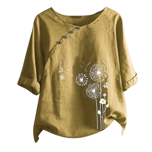 2025 Col Rond Manches Courtes à Boutons Col Roulé Haut Paquet pour Femmes Imprimé Floral T-Short Hauts T-Shirts pour Femmes Blouse Décontractée Femmes Femmes à Manches Longues