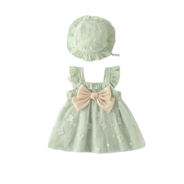 Robe pour Tout-Petites Filles Robe Tutu pour Bébé Fille Robes d'Été Sans Manches pour Filles avec Chapeaux Ensemble 2 Pcs Robe de Fête pour Bébé Fille 3-6 Mois