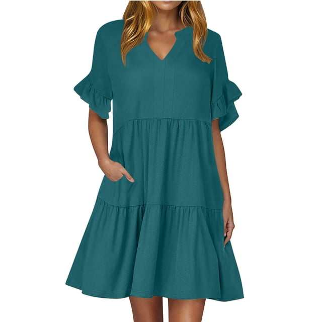 Robe Midi Évasée à Étages Décontractée pour Femmes, à Volants, Manches Courtes, Col en V, Ligne A, Ample, Robes d'Été Fluides, Robe Chemise Évasée Mini avec Poches