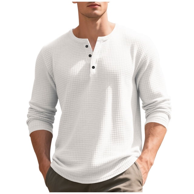 fatyb Casual Shirts for Men Long Sleeve Tshirts Button Pullover Solid Color Mens Lightweight Tee Tops