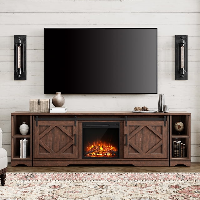 WAMPAT Meuble Télé de Style Ferme avec Foyer, Design de Porte de Grange Moderne, Console Multimédia en Bois, Armoire de Rangement pour Télé de 100 Pouces, Centre de Divertissement pour Salon, Console Brun - Centrée à l'Avant à Grain de Bois Brun avec Portes de Grange à Glissement Fluide sur rails en Acier, Deux Tablettes Centrales Ouvertes et une Tablette Centrale Ajustable, Plateau Épais pour Téléviseurs jusqu'à 100 Pouces; Utilisé Souvent comme surface de Rangement Multimédia Ou d'Exposition Supplémentaire dans les Salons.