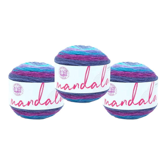 Lion Brand Yarn Mandala Multicolor Light DK Acrylic 3 Pack with three balls of acrylic yarn in blue, purple, and teal shades wrapped in white Mandala labels, ideal for crocheting scarves or shawls and machine washable for easy care.