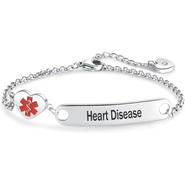 HSHDLDF Heart Medical Alert Bracelet for Women with an engraved stainless steel plate displaying 'Heart Disease,' adjustable chain, and heart-shaped charm featuring a red medical alert symbol. Ideal for emergency first aid, medical ID jewelry, and daily health alerts.