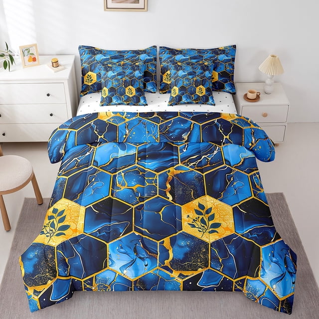 YST, Ensemble de couette en nid d'abeille doré, marbre abstrait Ombre, 7 pièces, bleu marbré, Queen Size