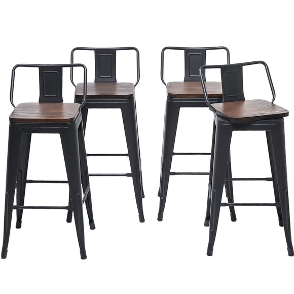 Changjie Furniture Swivel Metal Bar Stools Kitchen Counter Height Stools Industrial Barstools Set of 4 (Swivel 24 inch,Matte Black Wooden)