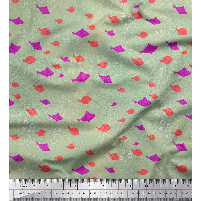Soimoi Poly Georgette Fabric Bubbles & Fish Ocean Print Fabric by Yard 42 Inch Wide