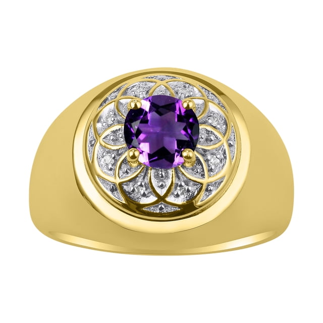 RYLOS Men's Rings 14K Yellow Gold Designer Gypsy 7MM Round Gemstone & Diamond Ring Amethyst February Birthstone Size 10