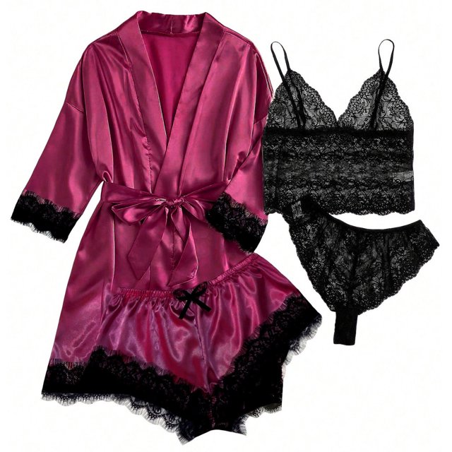 LSLJS 4PC Women Sexy Garter Lingerie Set Robes Lace Bodysuit Deep-V Neck Underwear