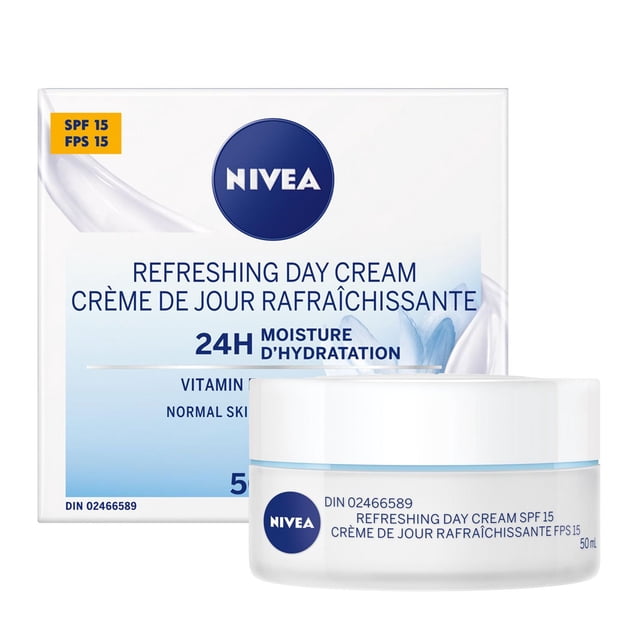 NIVEA Refreshing Day Cream SPF 15 24H Moisture 50 mL featuring a white jar with a blue band and matching box, formulated for normal skin hydration with vitamin E, lightweight non-greasy face moisturizer providing sun protection and 24-hour moisture.