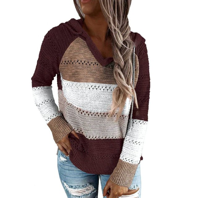 Women Casual Sweater Rib Knitted Long Sleeve Loose Fitting Pullover Hooded Drawstring Sweater