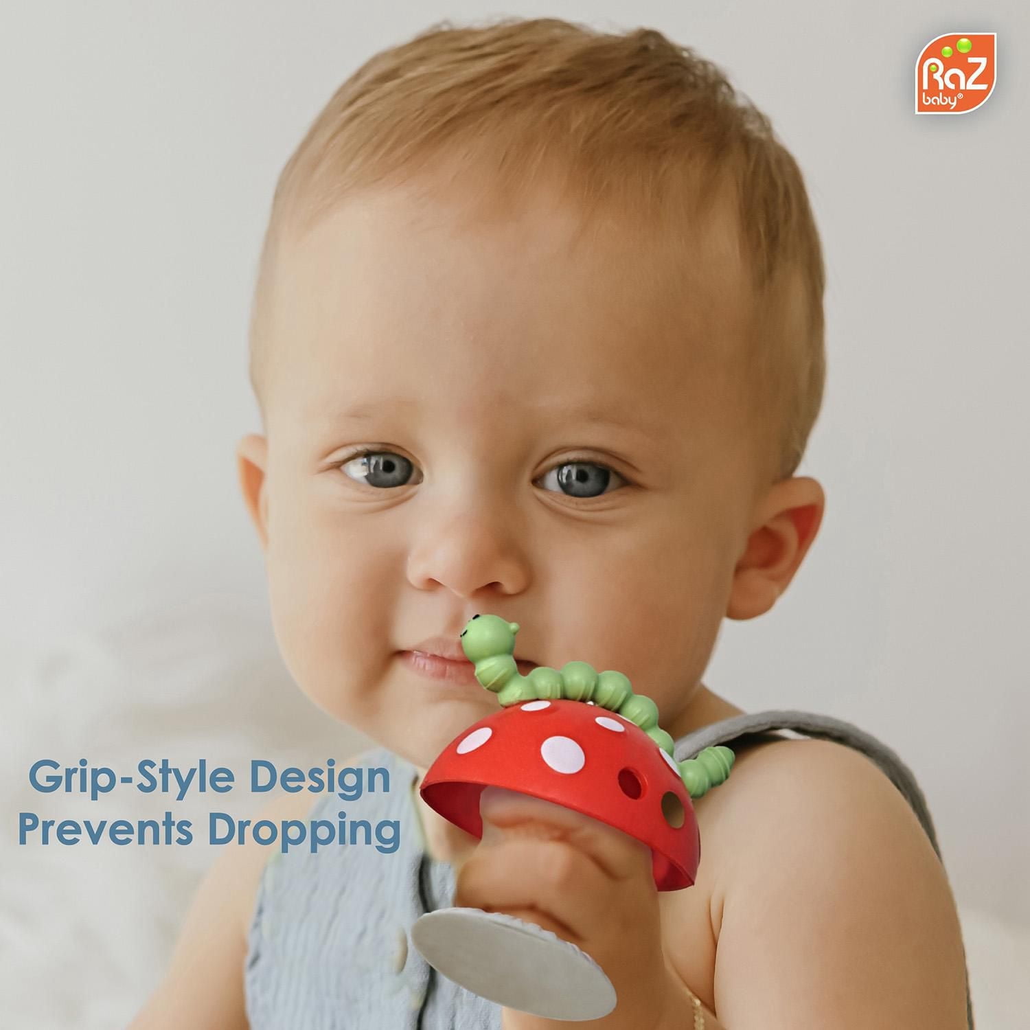 RaZbaby - Anneau de dentition Chompy Grip pour bébé et nourrisson (3 mois et plus), jouet de dentition en silicone avec base à ventouse et design multi-textures pour soulager les poussées dentaires