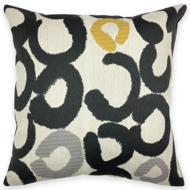 Homeport Ameoboid Decorative Pillow, a square throw pillow with an abstract amoeboid pattern in black, grey, and mustard yellow on a cream background, feather filled with a removable cover, ideal for adding personality to sofas or beds.