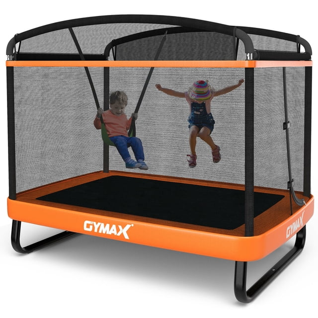 Gymax 6FT Kids Recreational Trampoline with swing and safety enclosure, perfect for indoor and outdoor play. Includes an orange and black frame, sturdy U-shaped galvanized steel base, high-density jumping cloth with 40 premium springs, and foam-padded enclosure for added safety.