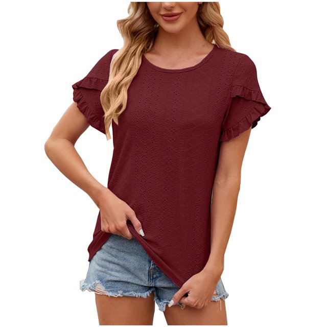 AherBiu Hauts pour Femmes Broderie Oeillets Ample Décontracté Col Ras du Cou Manches à Volants Été Chemises Bohèmes Tuniques