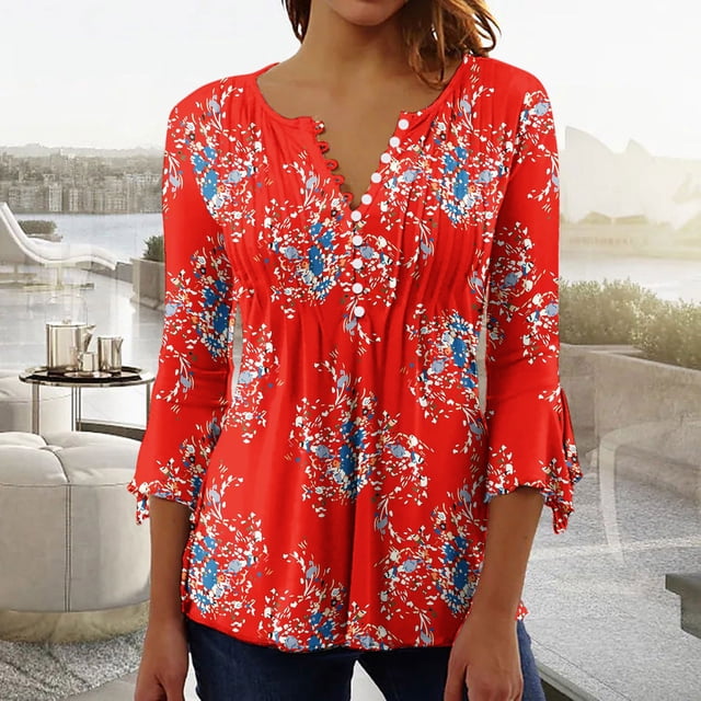 DPTALR Blouse pour Femmes d'Été Aguichant à Plis Imprimée Régulière Femmes Manches 3/4 Col en V Boutonnée