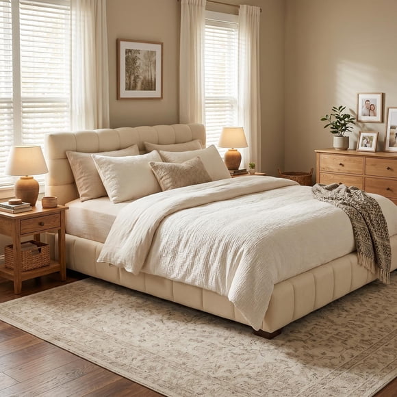 Homy Casa Queen Size Upholstered Platform Bed with Sturdy Wood Frame, Beige Linen, Easy Assembly, Modern Design for Stylish Bedrooms