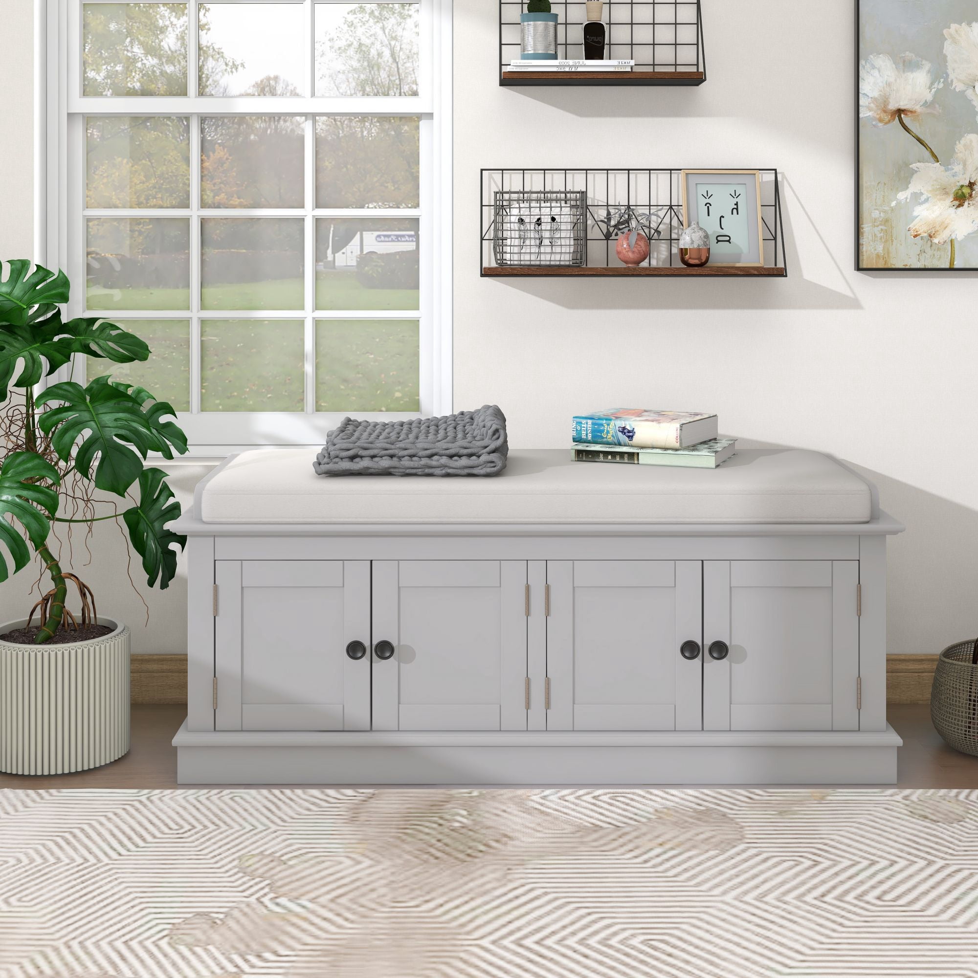 OUDOSPRS Spacious Storage Bench, Features 4 Doors with Adjustable Shelves and Removable Cushion, Great for Entryway and Living Room(Gray Wash)