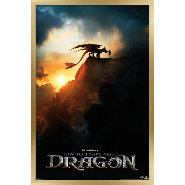 How To Train Your Dragon (2025) - Affiche Murale Teaser en une Feuille Encadrée en Bois Clair, Représentant un Dragon et une Personne Silhouettés sur un Pic Rocheux au Coucher du Soleil avec des Nuages Dramatiques et un Soleil Lumineux, Imprimée sur Papier Photo Artistique Lustré, Convient à l'Art Mural et à la Déco Intérieure.